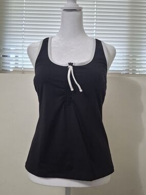 Anne Cole Locker Sporty Racerback Tankini Swim Top Black White Zip Front Size M